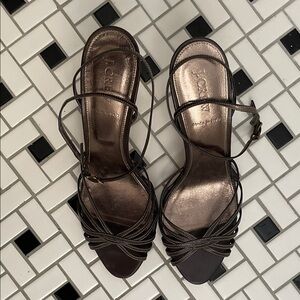 J. Crew Leather Chocolate Brown Strappy Sandal Heels with Ankle Strap - Size 10
